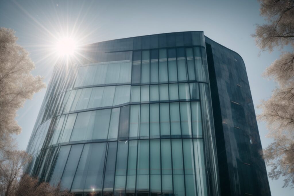 office building with sun control window film reducing glare and heat