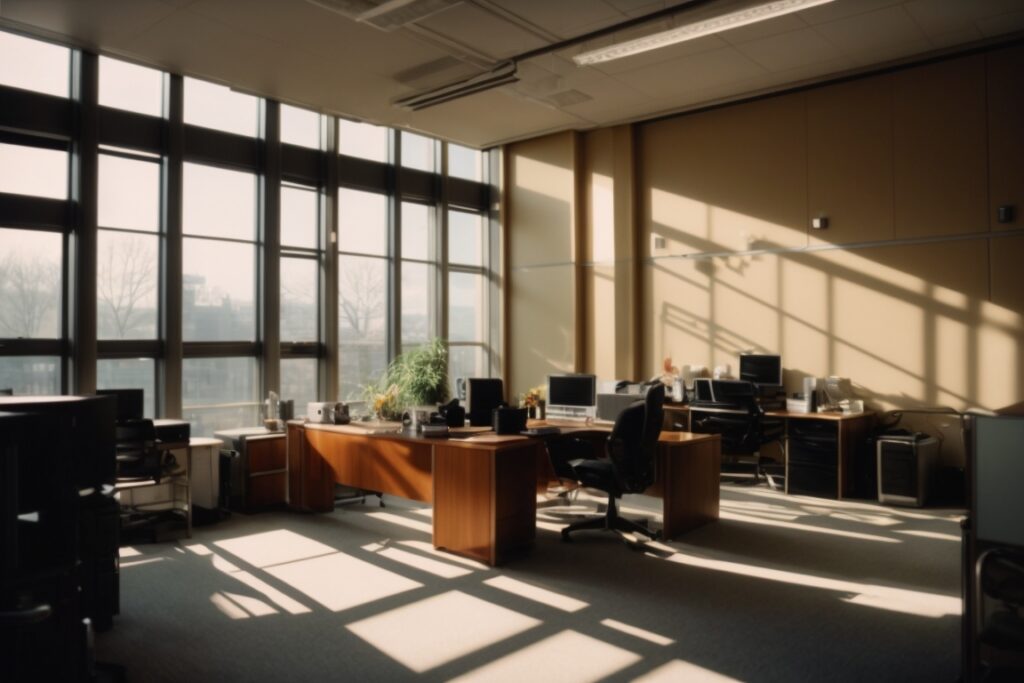 Pittsburgh office with visible sun glare on computer screens and uncomfortably bright sunlight through windows